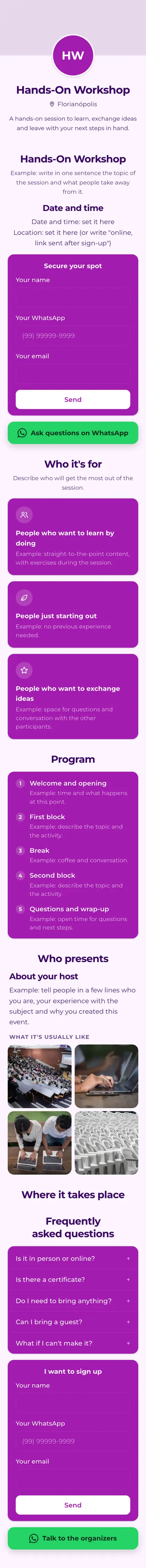 Example mini site: Hands-On Workshop