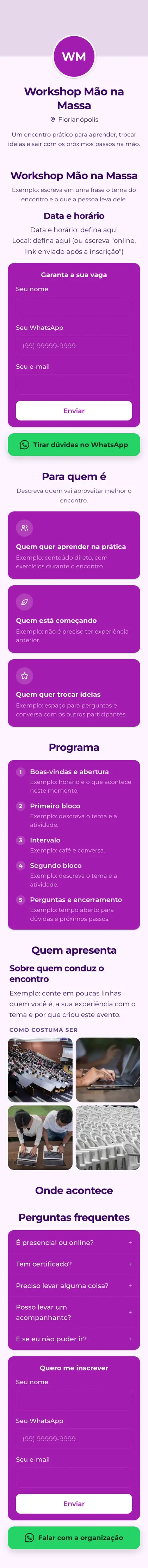 Exemplo de mini site: Workshop Mão na Massa