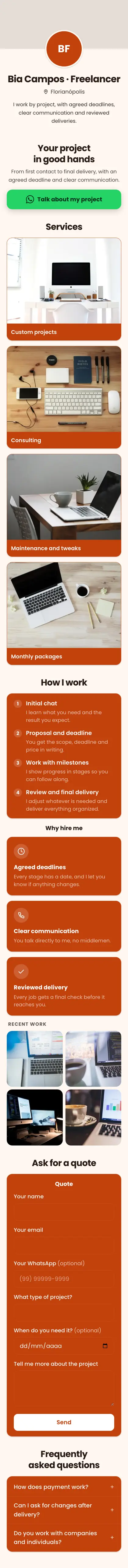 Example mini site: Bia Campos · Freelancer