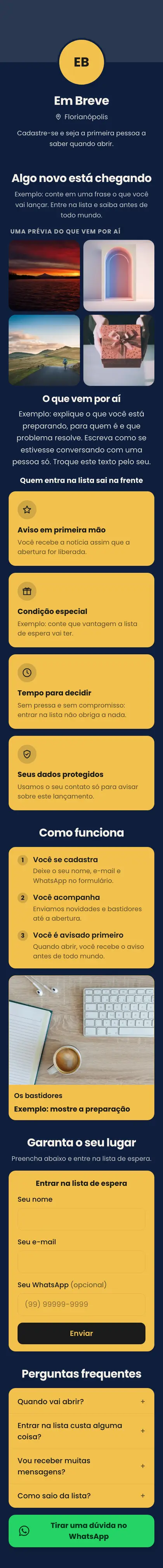 Exemplo de mini site: Em Breve