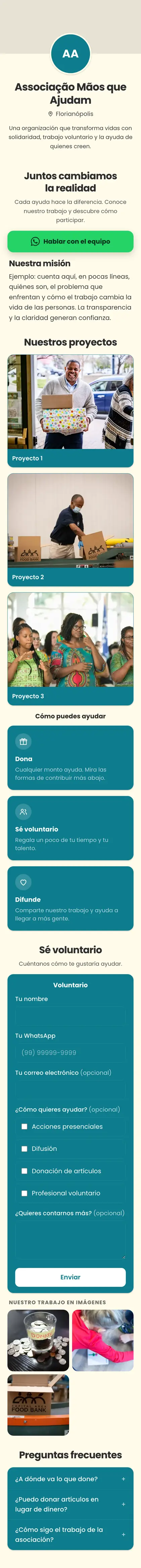 Ejemplo de mini sitio: Associação Mãos que Ajudam