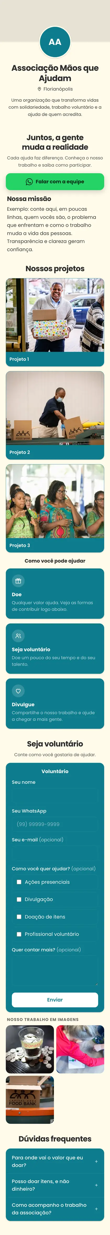 Exemplo de mini site: Associação Mãos que Ajudam