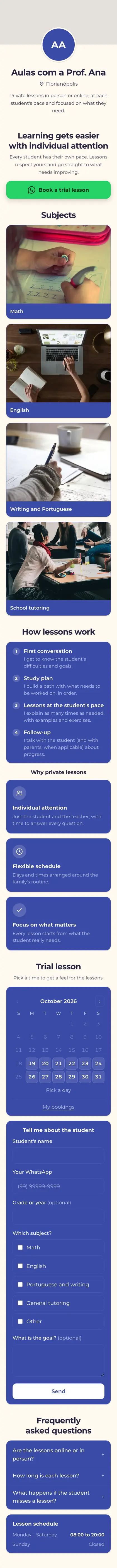Example mini site: Aulas com a Prof. Ana