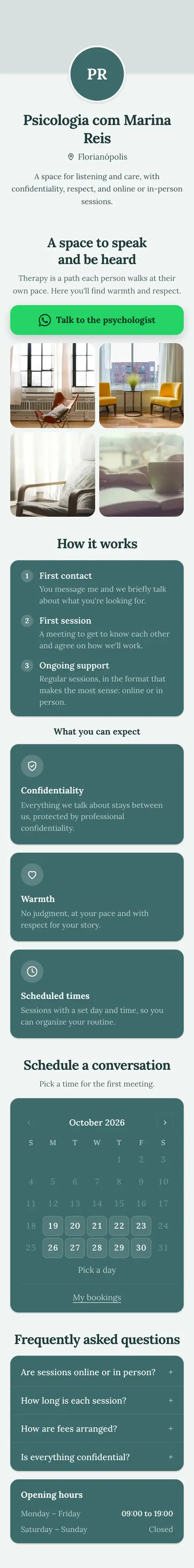 Example mini site: Psicologia com Marina Reis